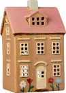 Hus i keramikk til telys, blomster og rosa tak thumbnail