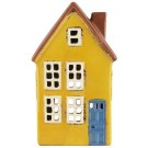 Hus i keramikk til telys, gult med blå dør thumbnail