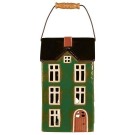 Stort hus i keramikk til lys, grønt med trehank thumbnail