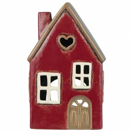 Hus i keramikk til telys, rødt med 1 hjerte