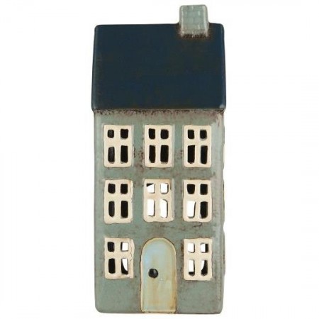 Hus i keramikk til telys, blå/grønt tak med skorstein
