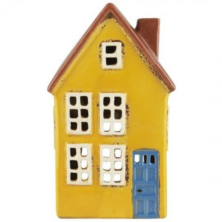Hus i keramikk til telys, gult med blå dør