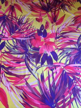 Lycra, Gul med rosa/lilla blader, 1 meter