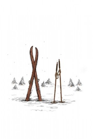 Ski og stav - bilde i ramme 30x40 cm