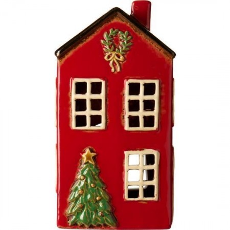 Hus i keramikk til telys, juletre foran huset